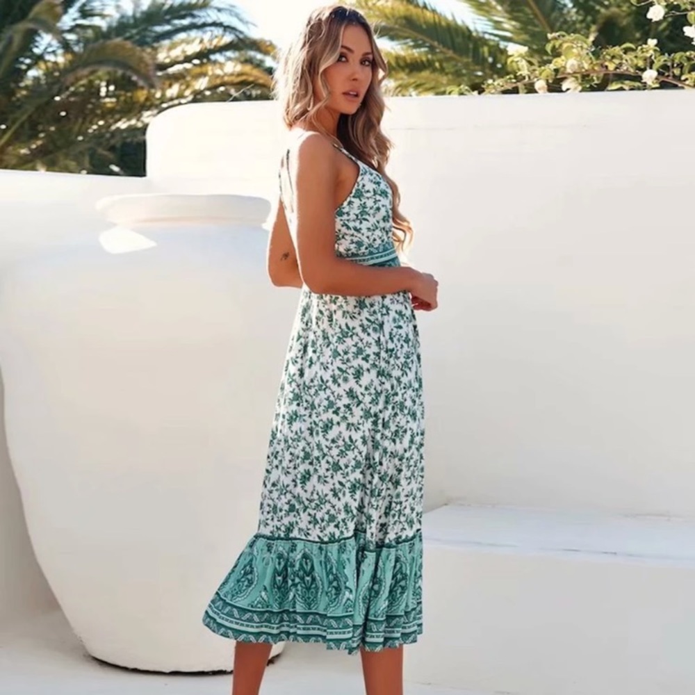 CLEARANCE Green Boho Floral Printed Midi Dress - Picture 5 of 8